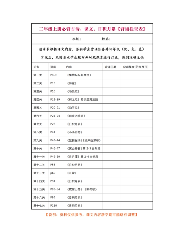 部编版二年级上册语文 必背 必默课文内容、古诗、日积月累汇总 带背诵检查表