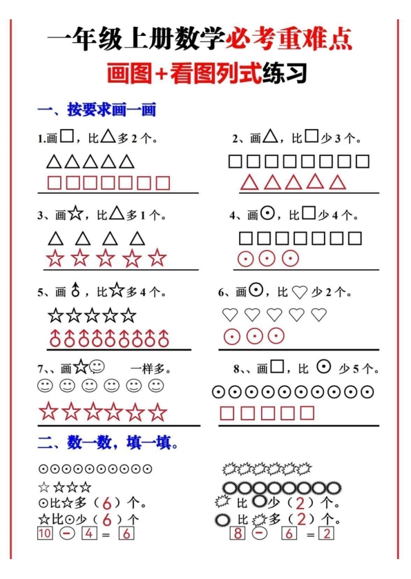 一年级上册必考重难点 画图看图列式专项练习 共8页