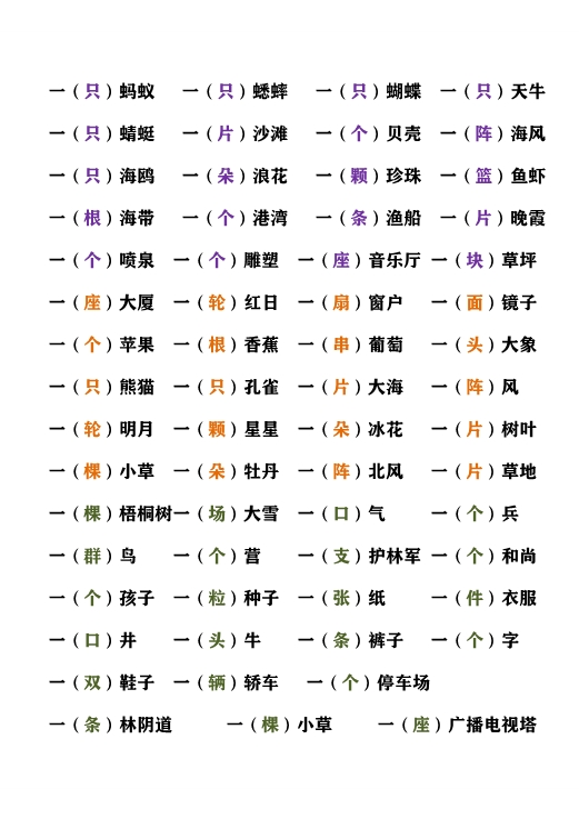 一年级上册语文量词填空汇总