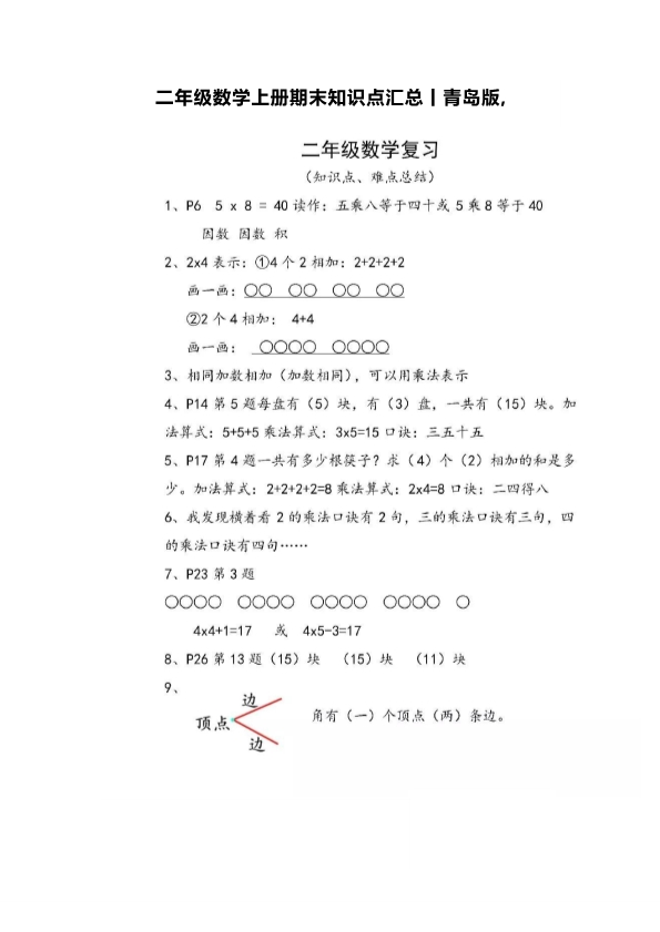 青岛版二年级上册数学重点知识点汇总