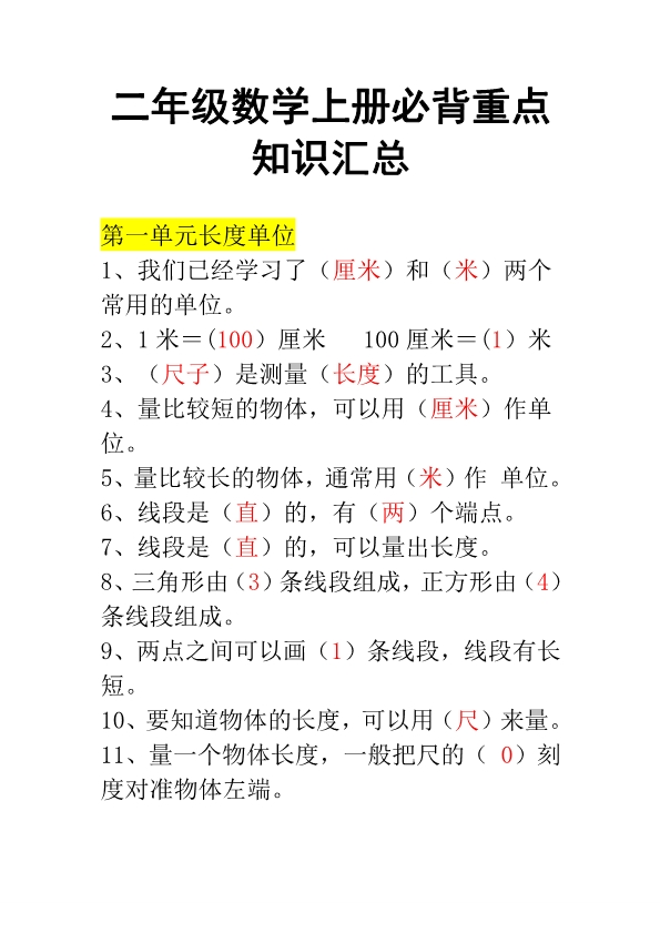 二年级数学上册必背重点知识汇总