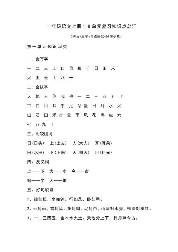 一年级上册语文1-8单元知识点归纳 共11页